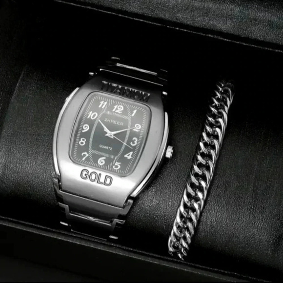 Men's Barrel-shaped Square Bezel Business Casual Quartz Watch + 1 Alloy Bracelet - Picture 2 of 4